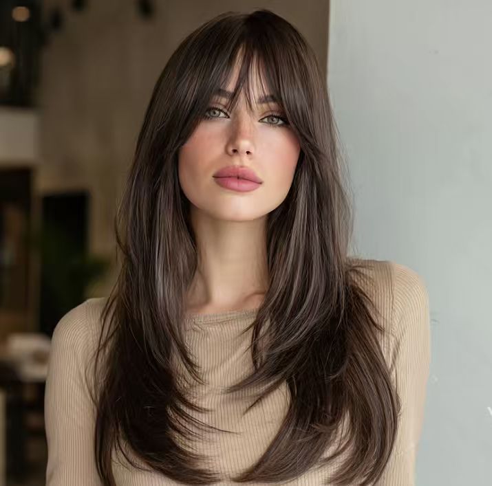 Peluca negra lisa y larga de 24 pulgadas (61 cm) con flequillo estilo cortina