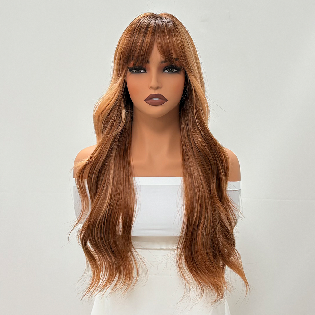 Peluca Premium 66 centímetro Oro Café/Rubio BalayageFrisado/Crespo ,Flequillo Incluido . Natural Para Fiestas,Viajes y Diario ENVÍO GRATIS