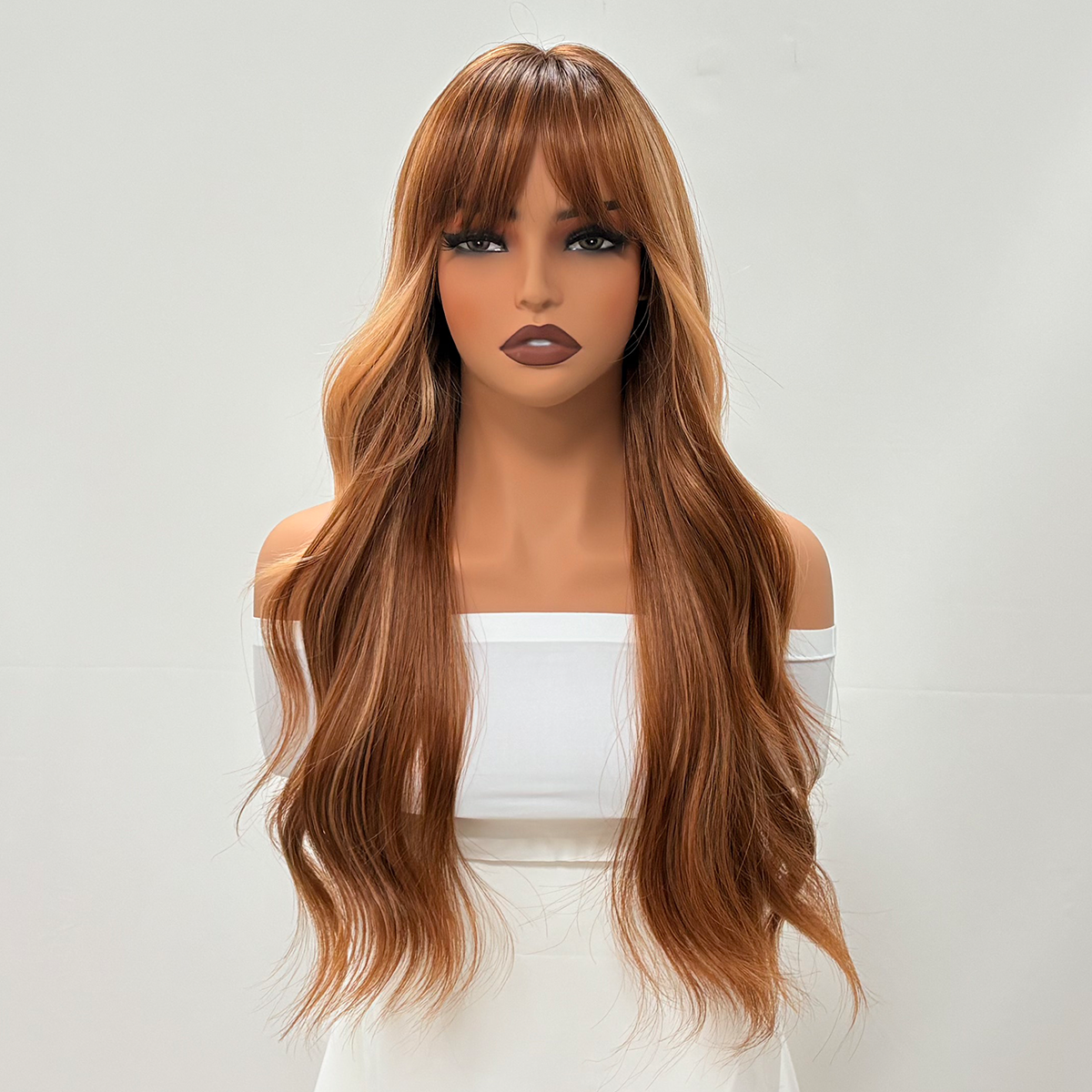 Peluca Premium 66 centímetro Oro Café/Rubio BalayageFrisado/Crespo ,Flequillo Incluido . Natural Para Fiestas,Viajes y Diario ENVÍO GRATIS