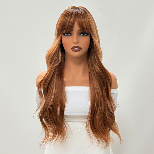 Peluca Premium 66 centímetro Oro Café/Rubio BalayageFrisado/Crespo ,Flequillo Incluido . Natural Para Fiestas,Viajes y Diario ENVÍO GRATIS