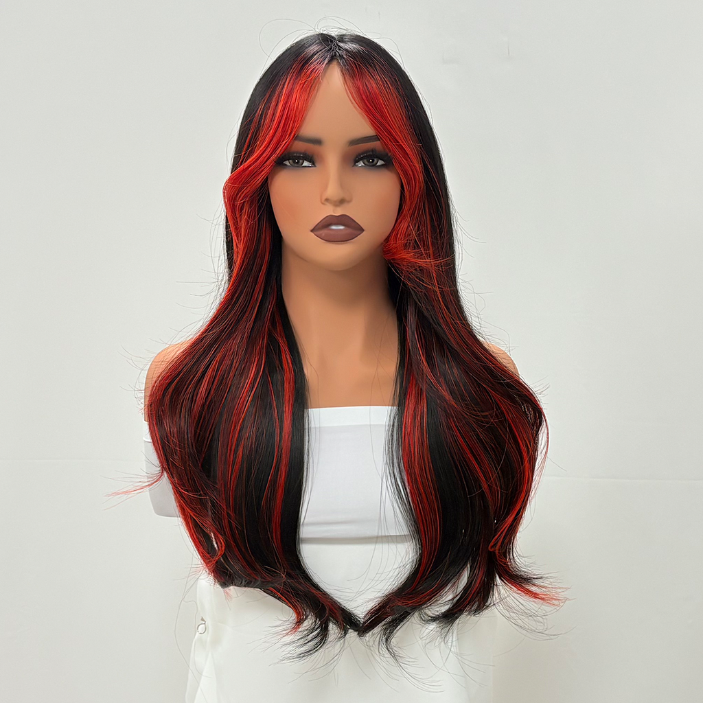 Peluca de 66 centímetro con Mechas Balayage  Fleco en ‘V’ • Ondas Naturales  Para Diario, Fiesta, Viajes  ¡Incluye Opciones para Halloween y Día de Muertos!  Colores Disponibles: Rojo Vibrante, Azul Eléctrico, Morado Mystic y Más  ENVÍO GRATIS