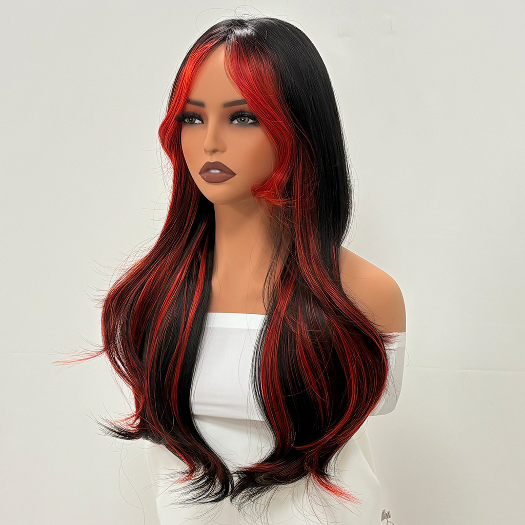 Peluca de 66 centímetro con Mechas Balayage  Fleco en ‘V’ • Ondas Naturales  Para Diario, Fiesta, Viajes  ¡Incluye Opciones para Halloween y Día de Muertos!  Colores Disponibles: Rojo Vibrante, Azul Eléctrico, Morado Mystic y Más  ENVÍO GRATIS