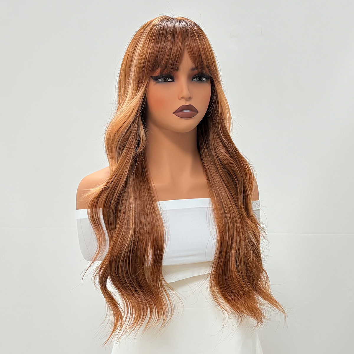 Peluca Premium 66 centímetro Oro Café/Rubio BalayageFrisado/Crespo ,Flequillo Incluido . Natural Para Fiestas,Viajes y Diario ENVÍO GRATIS