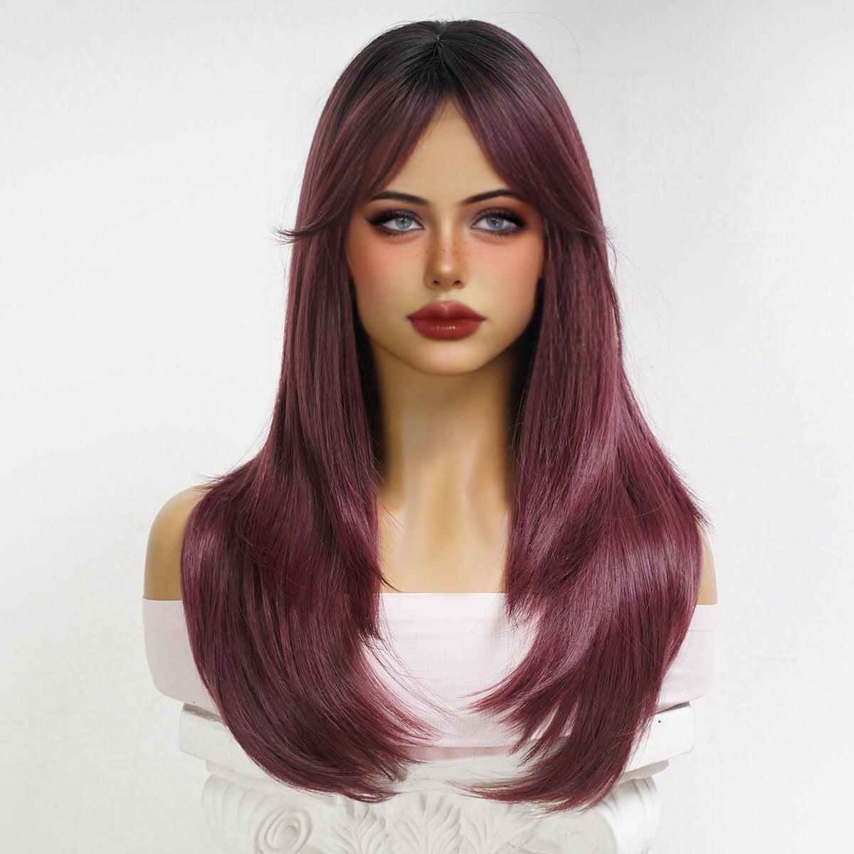 Peluca rojo cereza degradado de 24 pulgadas (61 cm), lisa y larga con flequillo estilo cortina