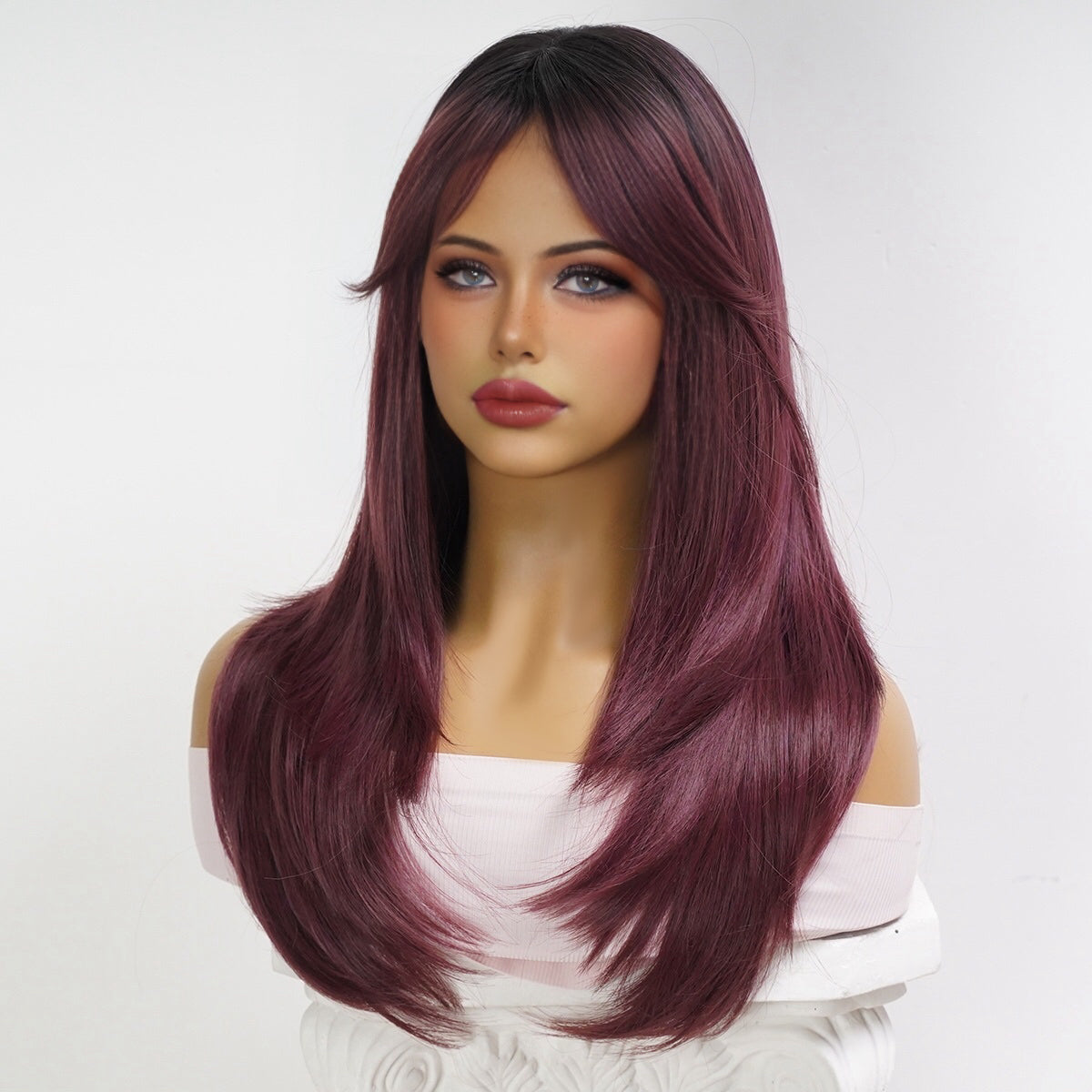 Peluca rojo cereza degradado de 24 pulgadas (61 cm), lisa y larga con flequillo estilo cortina