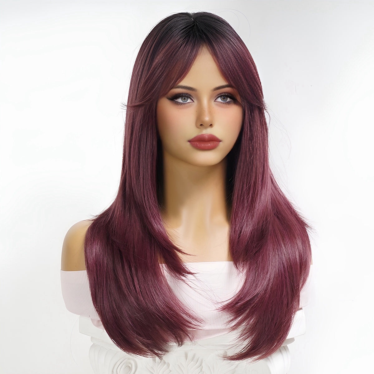 Peluca rojo cereza degradado de 24 pulgadas (61 cm), lisa y larga con flequillo estilo cortina