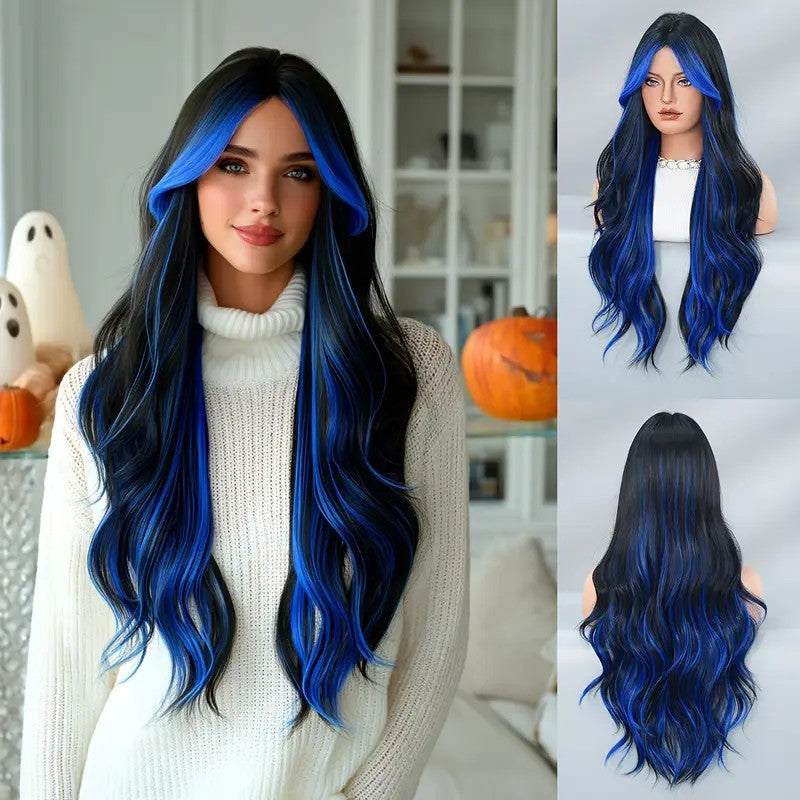 Peluca de 66 centímetro con Mechas Balayage  Fleco en ‘V’ • Ondas Naturales  Para Diario, Fiesta, Viajes  ¡Incluye Opciones para Halloween y Día de Muertos!  Colores Disponibles: Rojo Vibrante, Azul Eléctrico, Morado Mystic y Más  ENVÍO GRATIS
