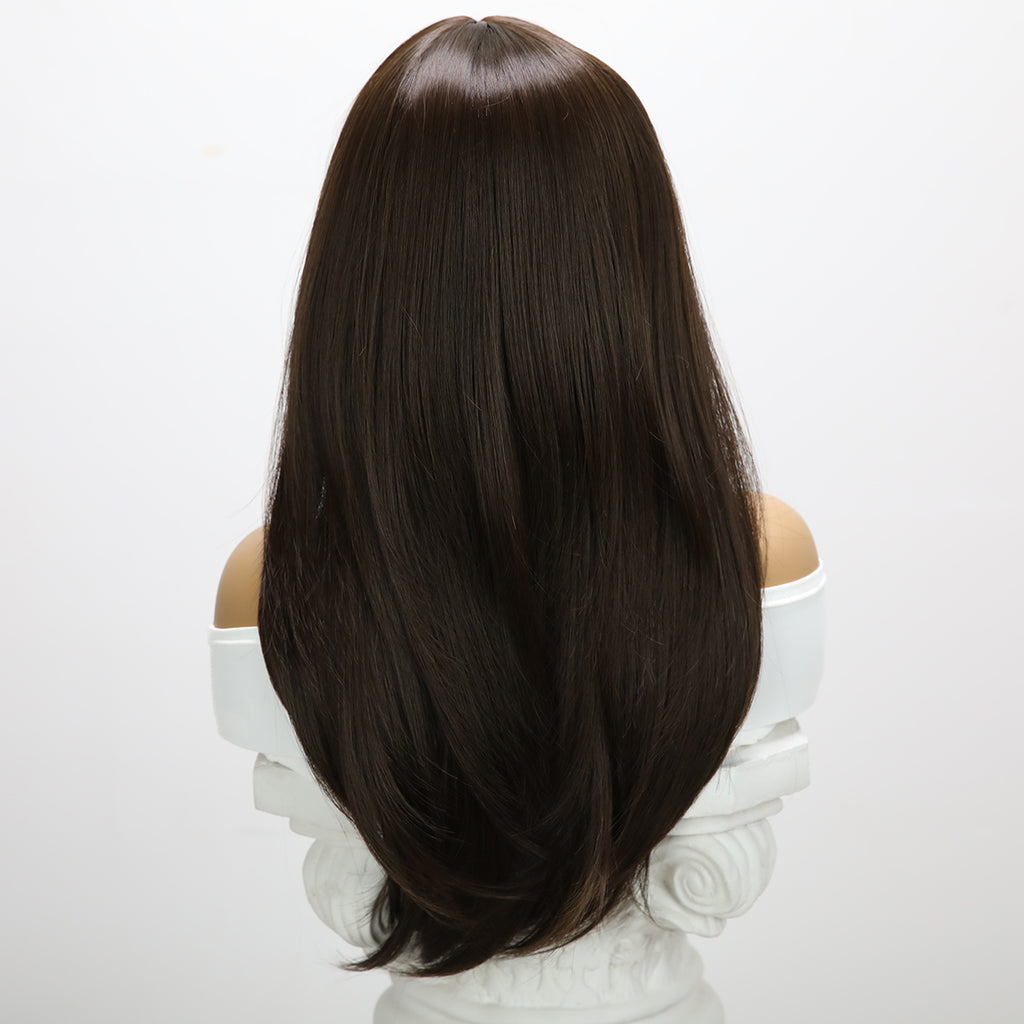 Peluca negra lisa y larga de 24 pulgadas (61 cm) con flequillo estilo cortina