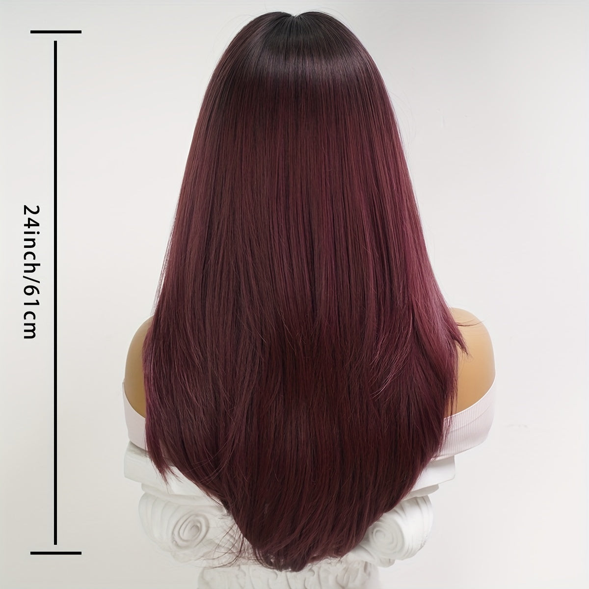 Peluca rojo cereza degradado de 24 pulgadas (61 cm), lisa y larga con flequillo estilo cortina