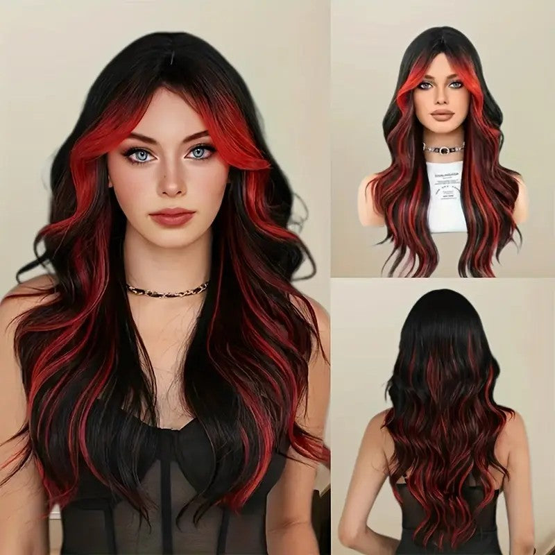 Peluca de 66 centímetro con Mechas Balayage  Fleco en ‘V’ • Ondas Naturales  Para Diario, Fiesta, Viajes  ¡Incluye Opciones para Halloween y Día de Muertos!  Colores Disponibles: Rojo Vibrante, Azul Eléctrico, Morado Mystic y Más  ENVÍO GRATIS