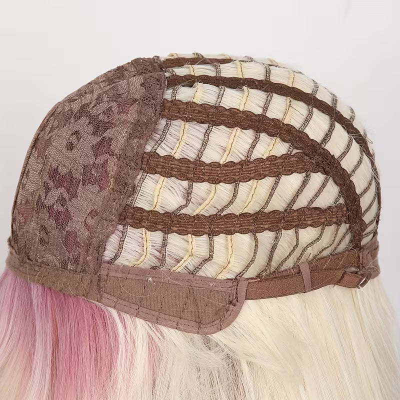 Peluca rosa degradado de 65 cm con flequillo y ondulado largo