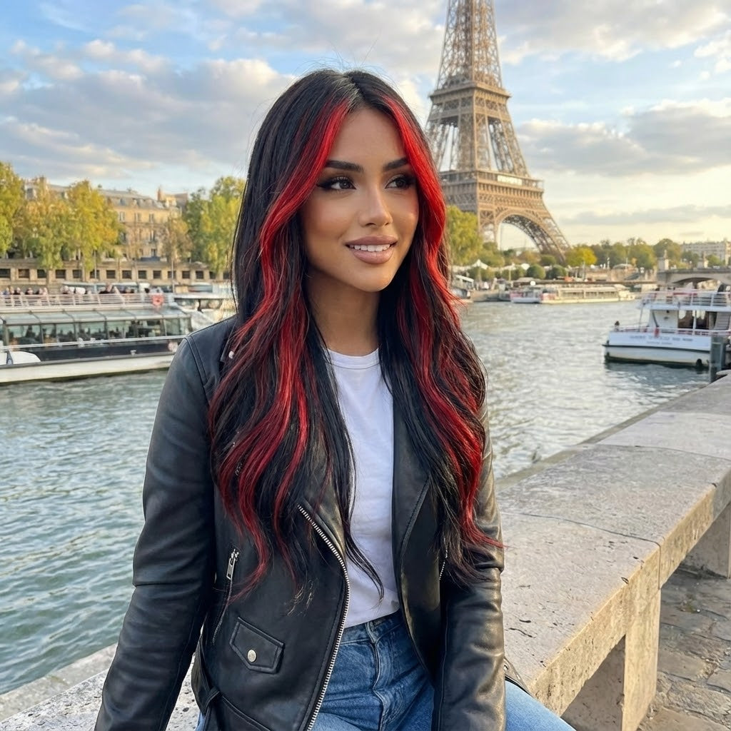 Peluca de 66 centímetro con Mechas Balayage  Fleco en ‘V’ • Ondas Naturales  Para Diario, Fiesta, Viajes Colores Disponibles: Rojo Vibrante, Azul Eléctrico, Morado Mystic