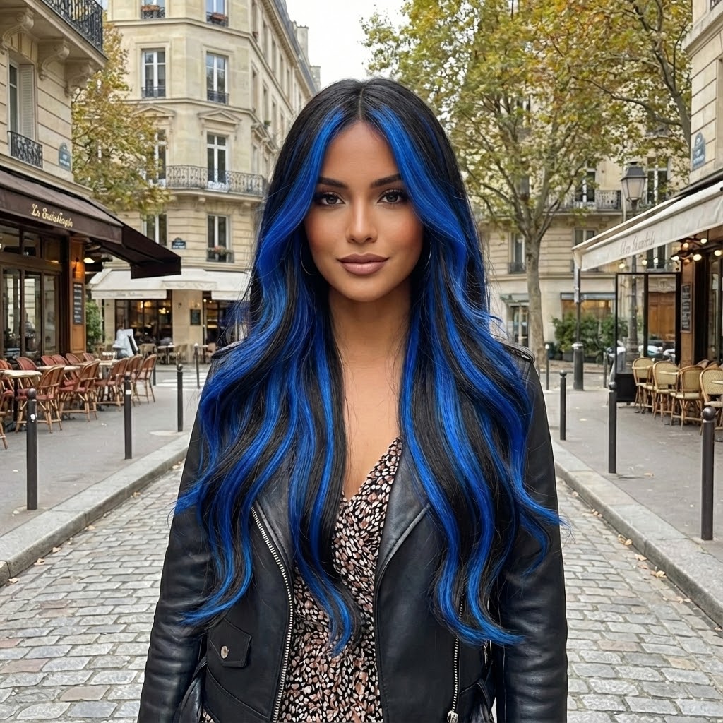 Peluca de 66 centímetro con Mechas Balayage  Fleco en ‘V’ • Ondas Naturales  Para Diario, Fiesta, Viajes Colores Disponibles: Rojo Vibrante, Azul Eléctrico, Morado Mystic