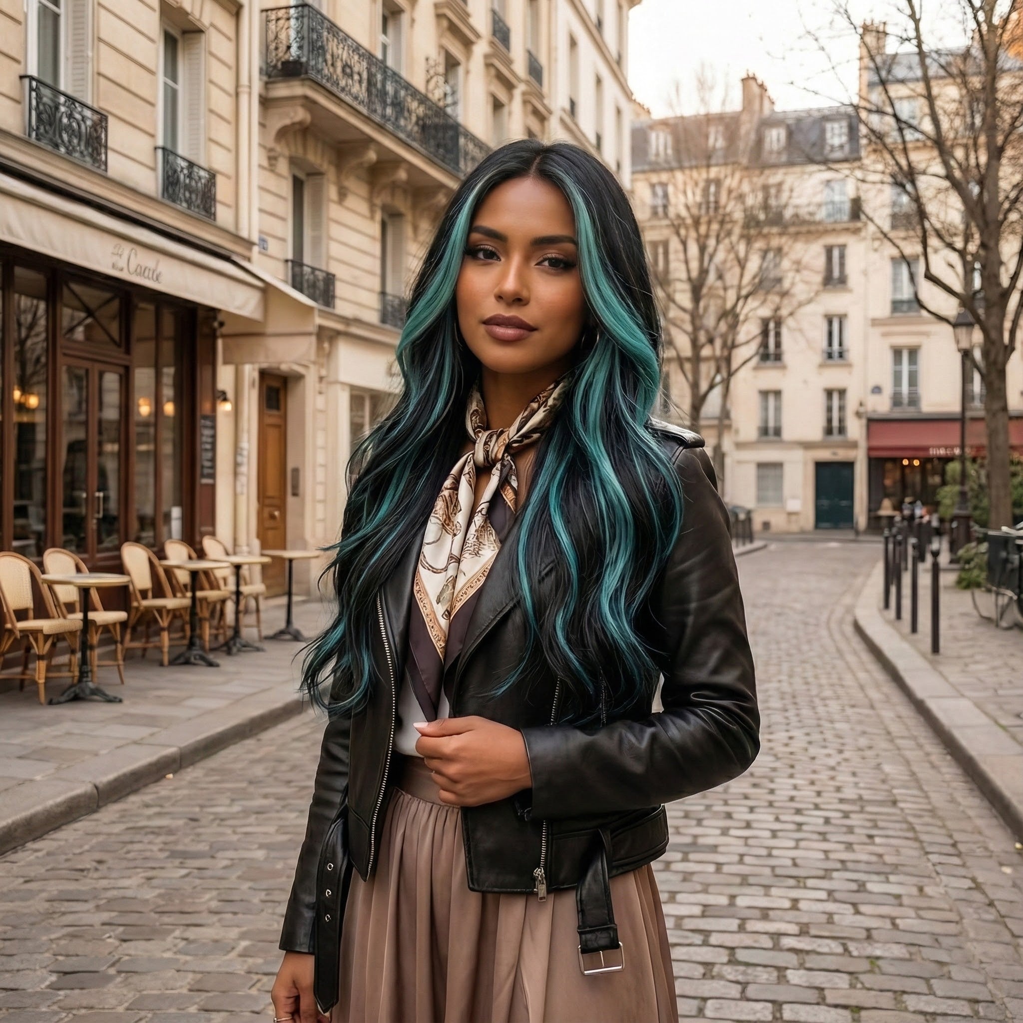 Peluca de 66 centímetro con Mechas Balayage  Fleco en ‘V’ • Ondas Naturales  Para Diario, Fiesta, Viajes Colores Disponibles: Rojo Vibrante, Azul Eléctrico, Morado Mystic