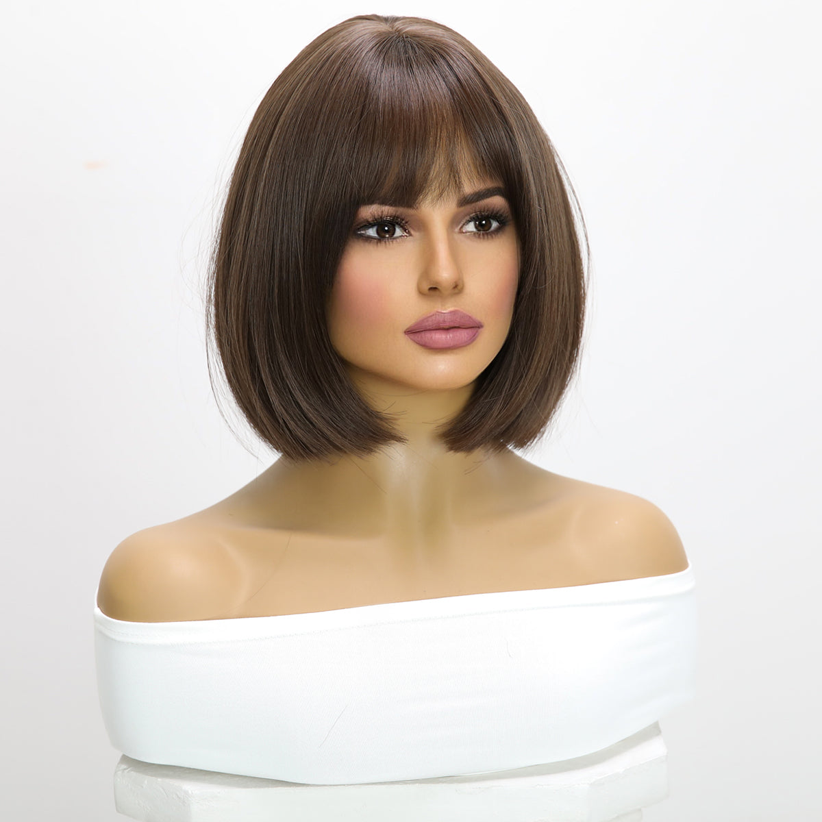 Peluca corta estilo bob, 12 pulgadas (30 cm), color marrón, con flequillo y liso