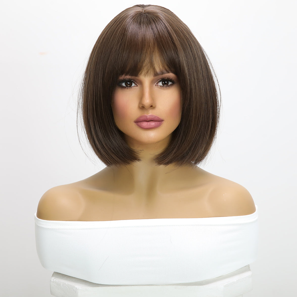 Peluca corta estilo bob, 12 pulgadas (30 cm), color marrón, con flequillo y liso
