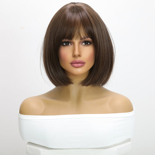 Peluca corta estilo bob, 12 pulgadas (30 cm), color marrón, con flequillo y liso