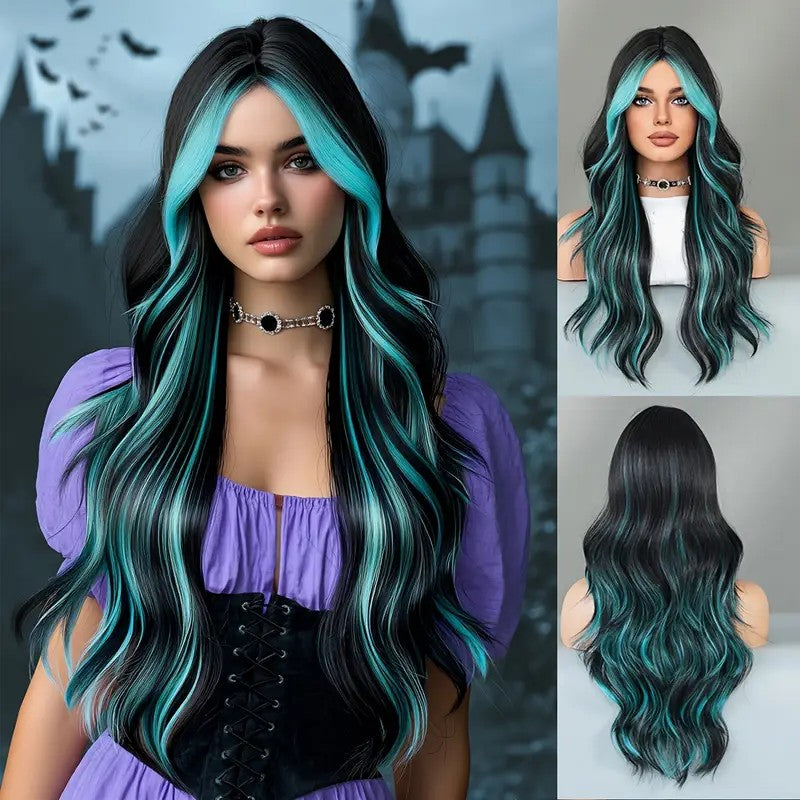 Peluca de 66 centímetro con Mechas Balayage  Fleco en ‘V’ • Ondas Naturales  Para Diario, Fiesta, Viajes  ¡Incluye Opciones para Halloween y Día de Muertos!  Colores Disponibles: Rojo Vibrante, Azul Eléctrico, Morado Mystic y Más  ENVÍO GRATIS