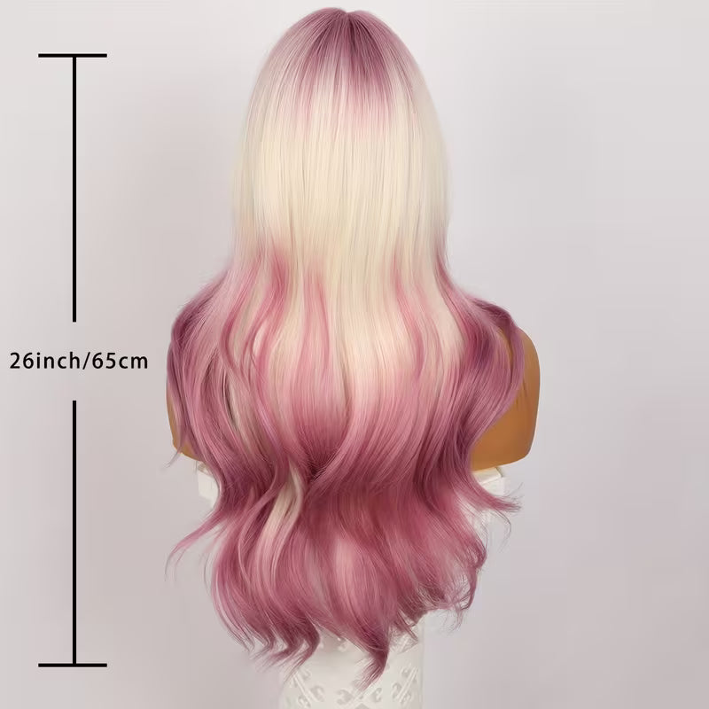 Peluca rosa degradado de 65 cm con flequillo y ondulado largo