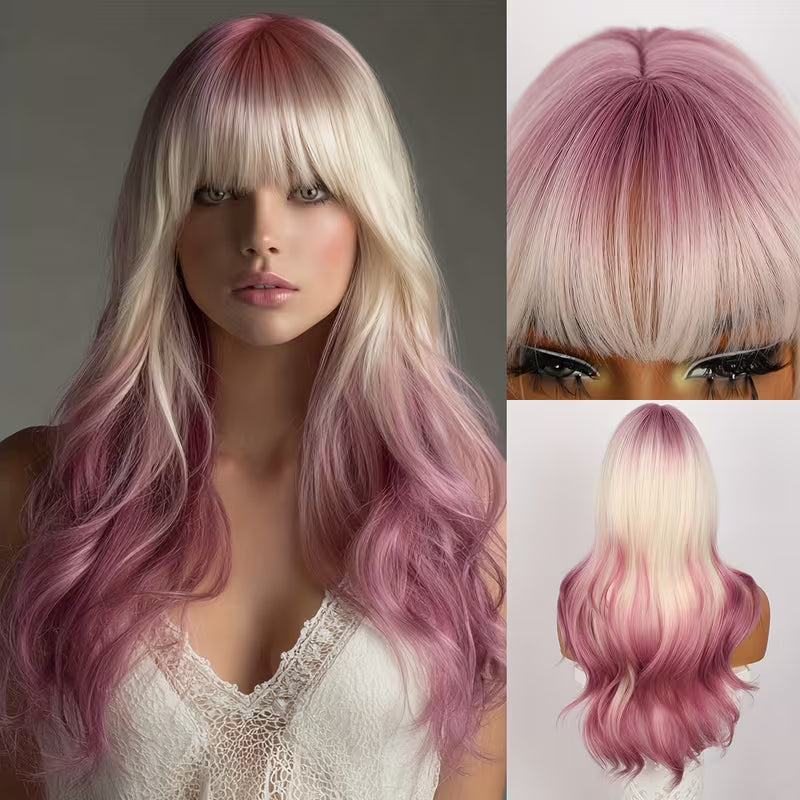Peluca rosa degradado de 65 cm con flequillo y ondulado largo