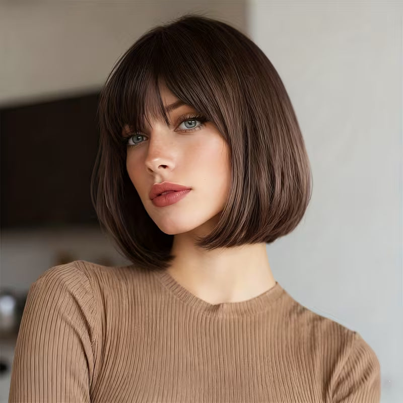 Peluca corta estilo bob, 12 pulgadas (30 cm), color marrón, con flequillo y liso