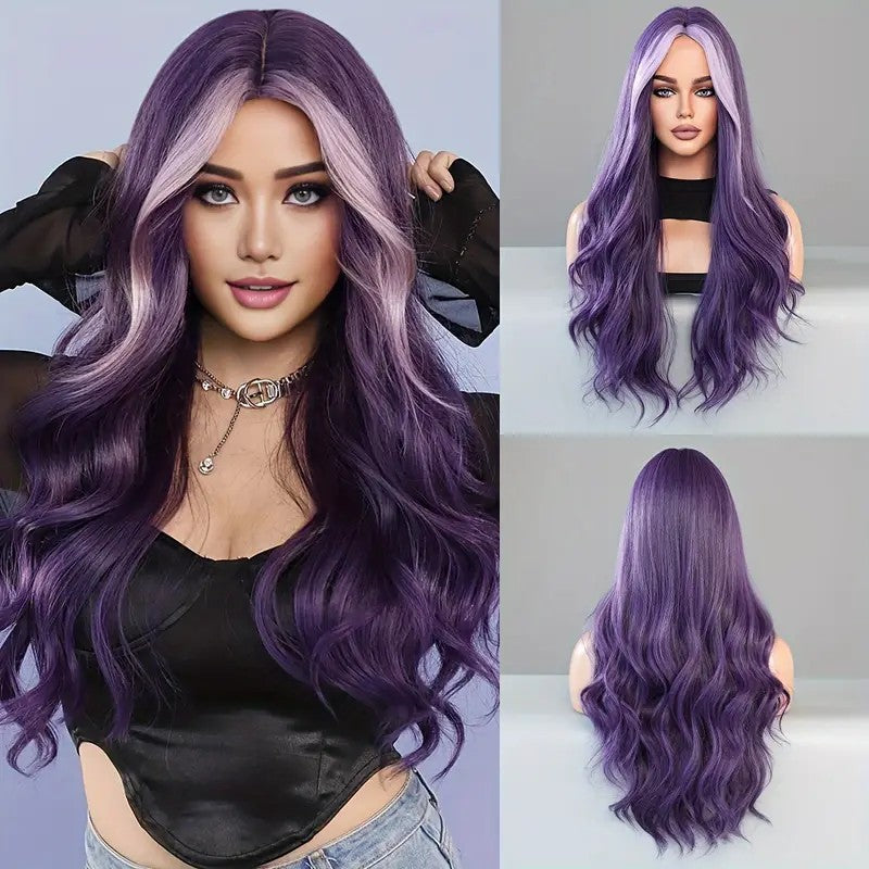 Peluca de 66 centímetro con Mechas Balayage  Fleco en ‘V’ • Ondas Naturales  Para Diario, Fiesta, Viajes  ¡Incluye Opciones para Halloween y Día de Muertos!  Colores Disponibles: Rojo Vibrante, Azul Eléctrico, Morado Mystic y Más  ENVÍO GRATIS