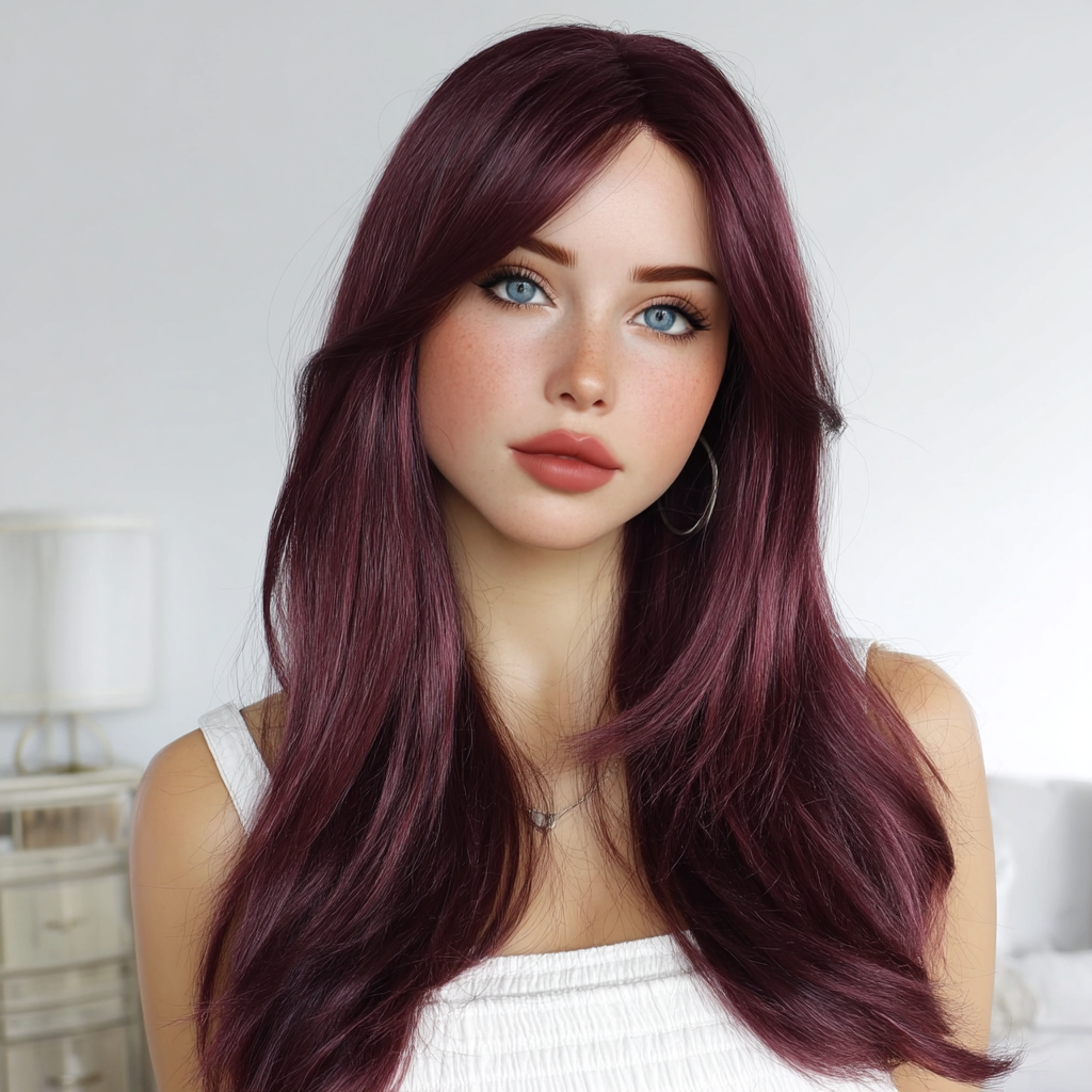 Peluca rojo cereza degradado de 24 pulgadas (61 cm), lisa y larga con flequillo estilo cortina